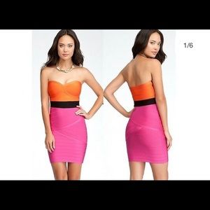 Bebe bandage orang pink colorblock strapless dress